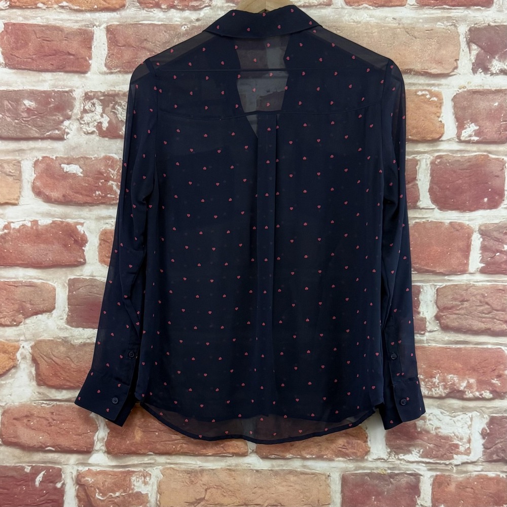 Express Portofino Shirt Women's Small Blue Pink Hearts Button Front Sheer Top - Picture 4 of 8